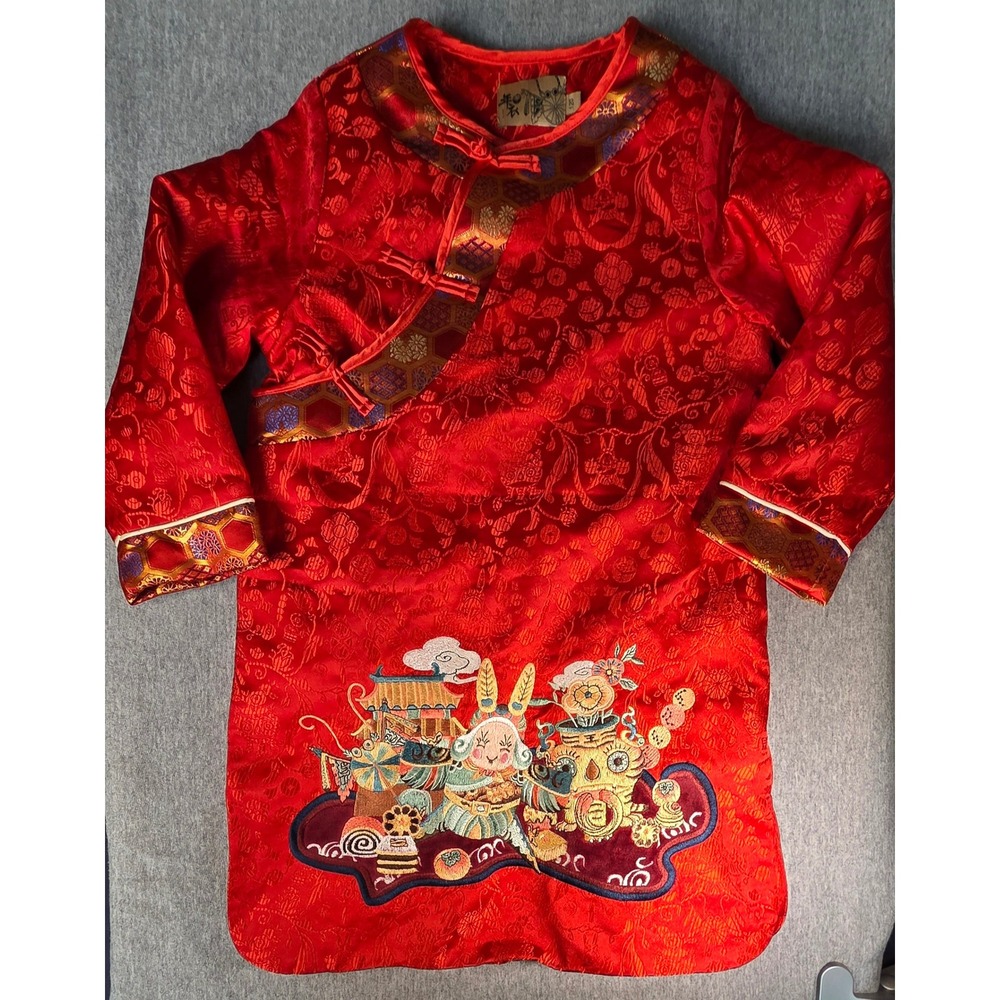 Nian Yi Kids Red Satin Embroidered Cheongsam Dress Lunar New Year Size 120